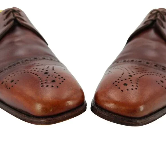 Santoni Italy Antiqued Brown Leather Dress Shoes 8 Cap-toe Brogue Derby Oxfords